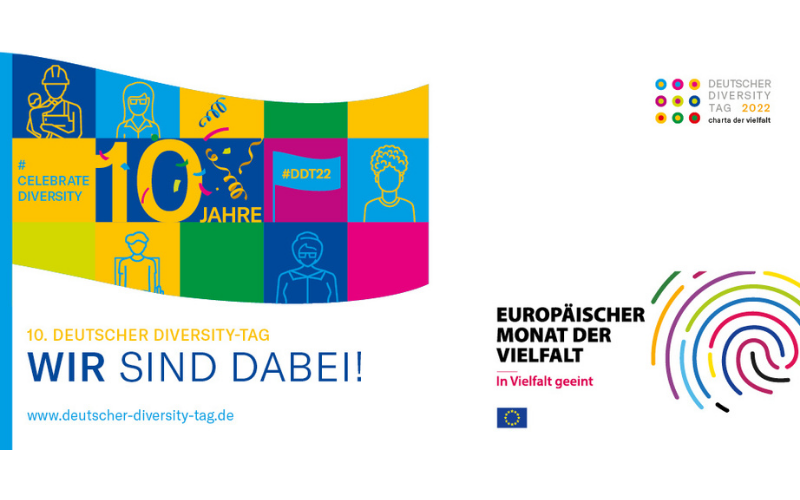 Es ist das Logo des 10. Deutschen Diversity-Tags zu sehen mit dem Zusatz: " Wir sind dabei!"